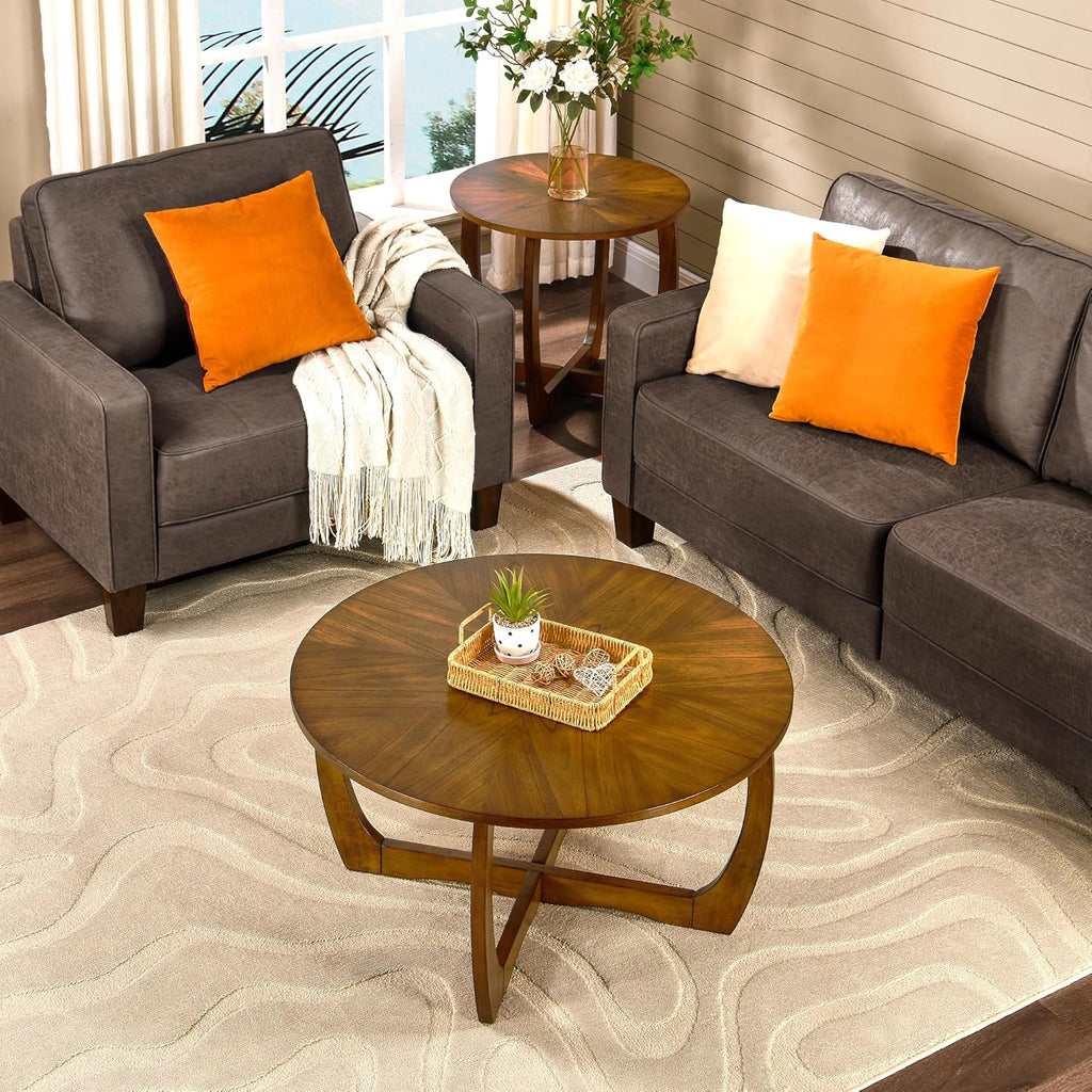 LEEMTORIG Round Wood Coffee Table, Mid Century Modern Round Walnut Coffee Tables for Living Room, 33.5" Dia. Circle Drum Coffee Table with Cross Legs, Easy Assembly, Brown Walnut KFZ-3223