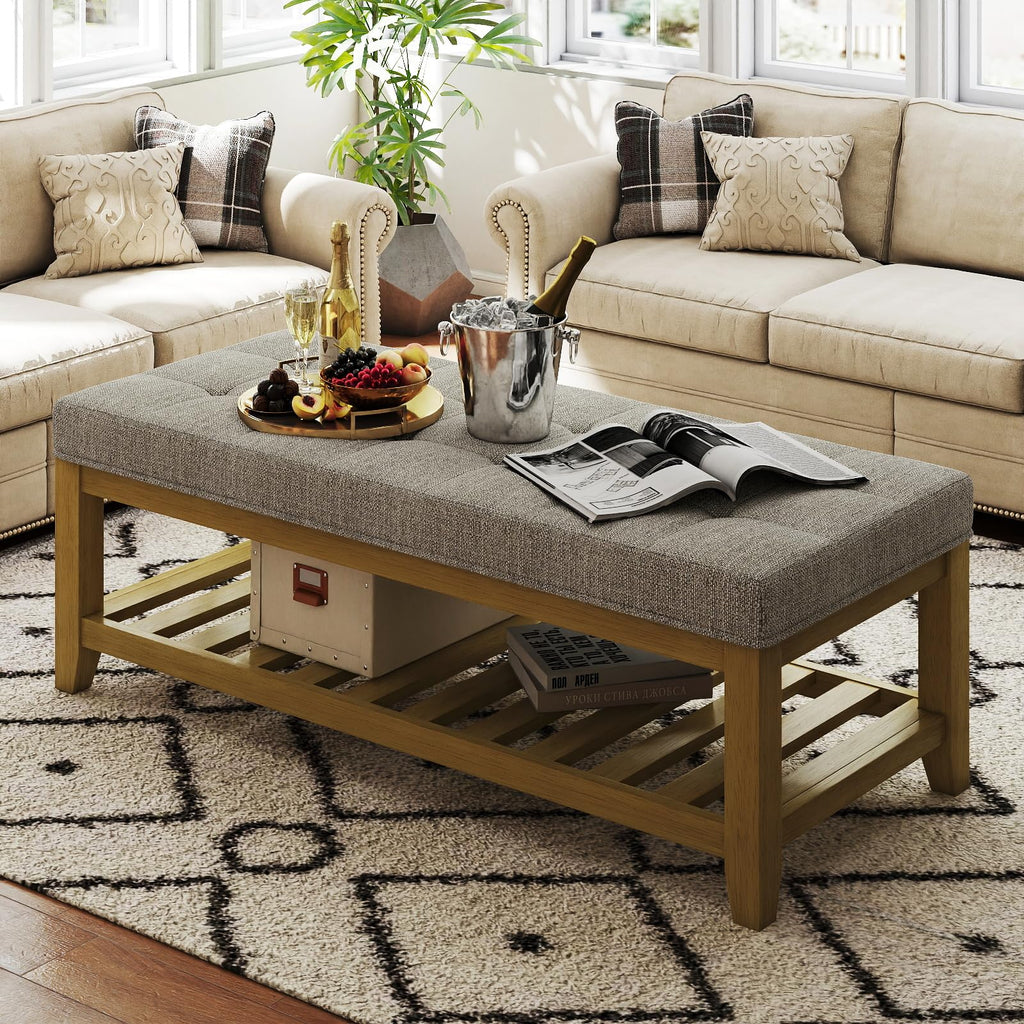 Large Square Ottoman Coffee Table, Linen Solid Upholstered Footrest Ottoman with Solid Wood Shelf Storage Tufted Coffee Table for Bedroom Living Room, Linen