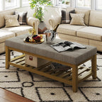 Large Square Ottoman Coffee Table, Linen Solid Upholstered Footrest Ottoman with Solid Wood Shelf Storage Tufted Coffee Table for Bedroom Living Room, Linen