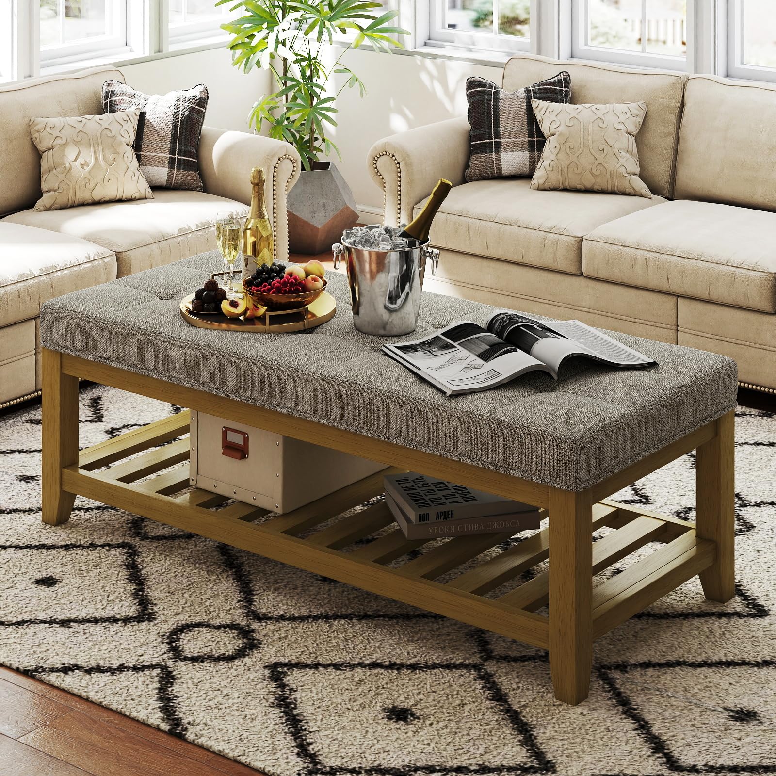 Large Square Ottoman Coffee Table, Linen Solid Upholstered Footrest Ottoman with Solid Wood Shelf Storage Tufted Coffee Table for Bedroom Living Room-Ivory