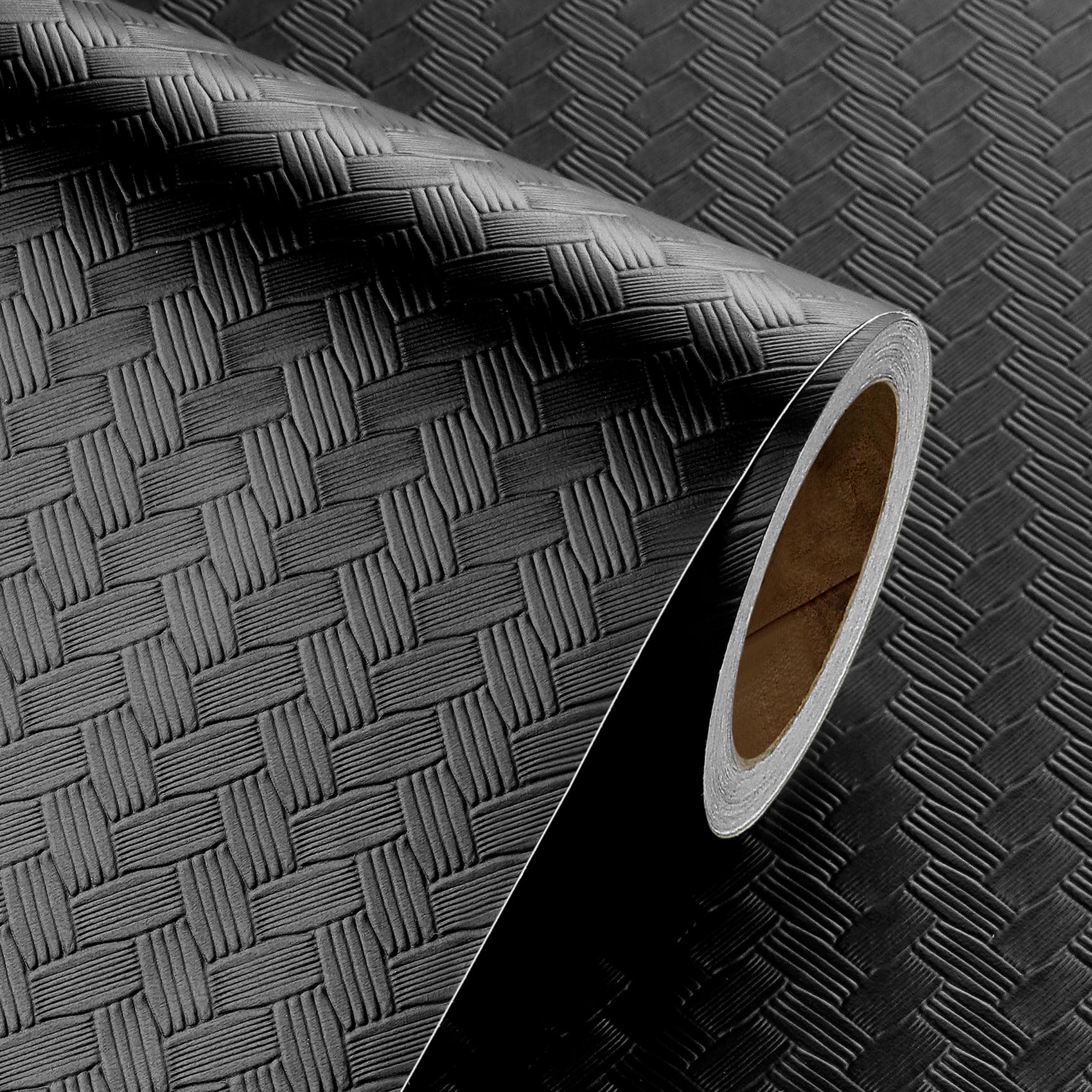 کاغذ دیواری حصیری بافت‌دار Livelynine مشکی قابل چسباندن و جدا کردن برای پوشش کابینت حمام و آشپزخانه، کاغذ تماس ضدآب مشکی برای کابینت‌ها 15.8x78.8 الگوی حصیری مات مدرن