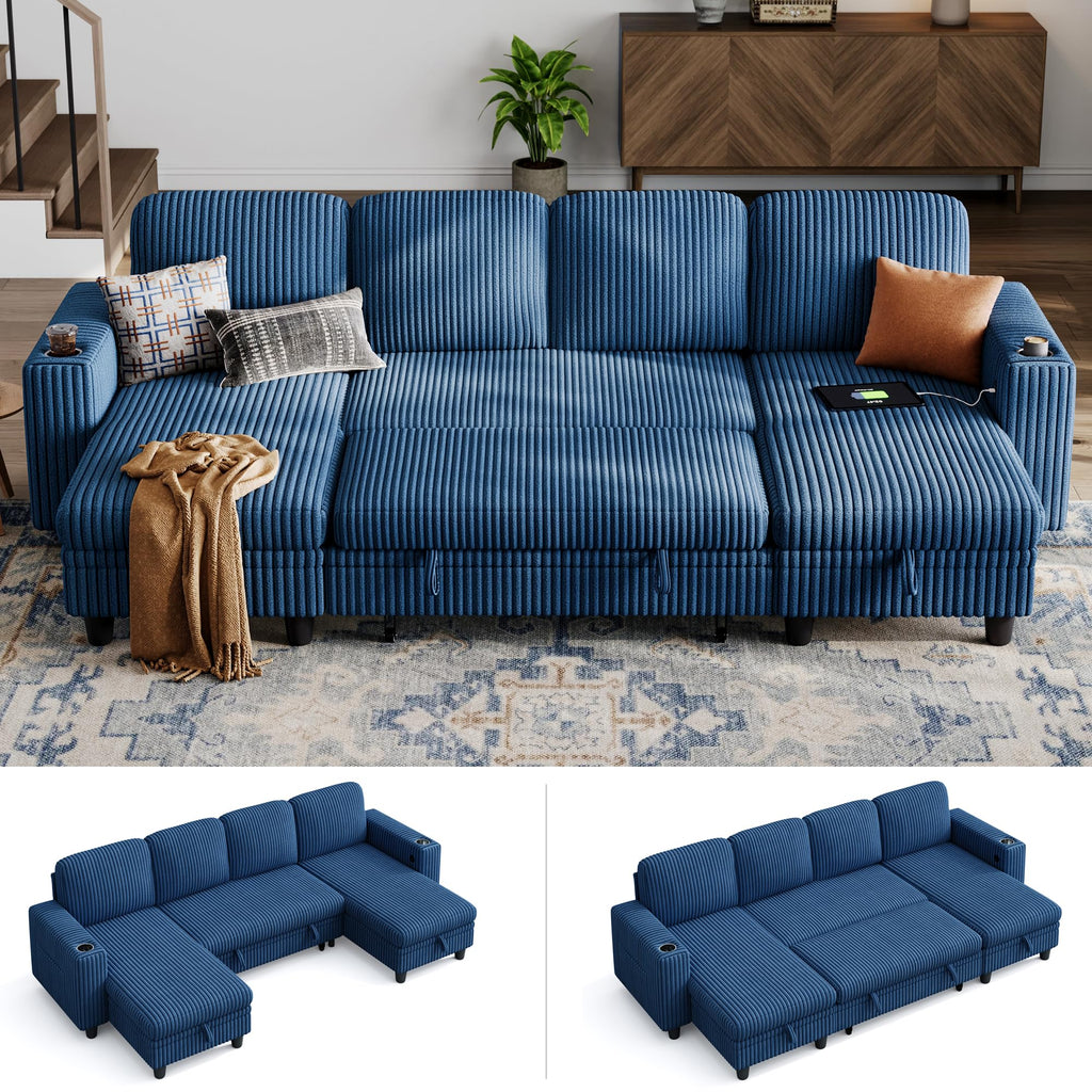 LINSY HOME Sectional Sleeper Sofa with Pull Out Couch Bed - Convertible Plush Corduroy Cloud Couch with Storage Chaise & USB Charging, Comfy Modular Couches for Living Room, Green