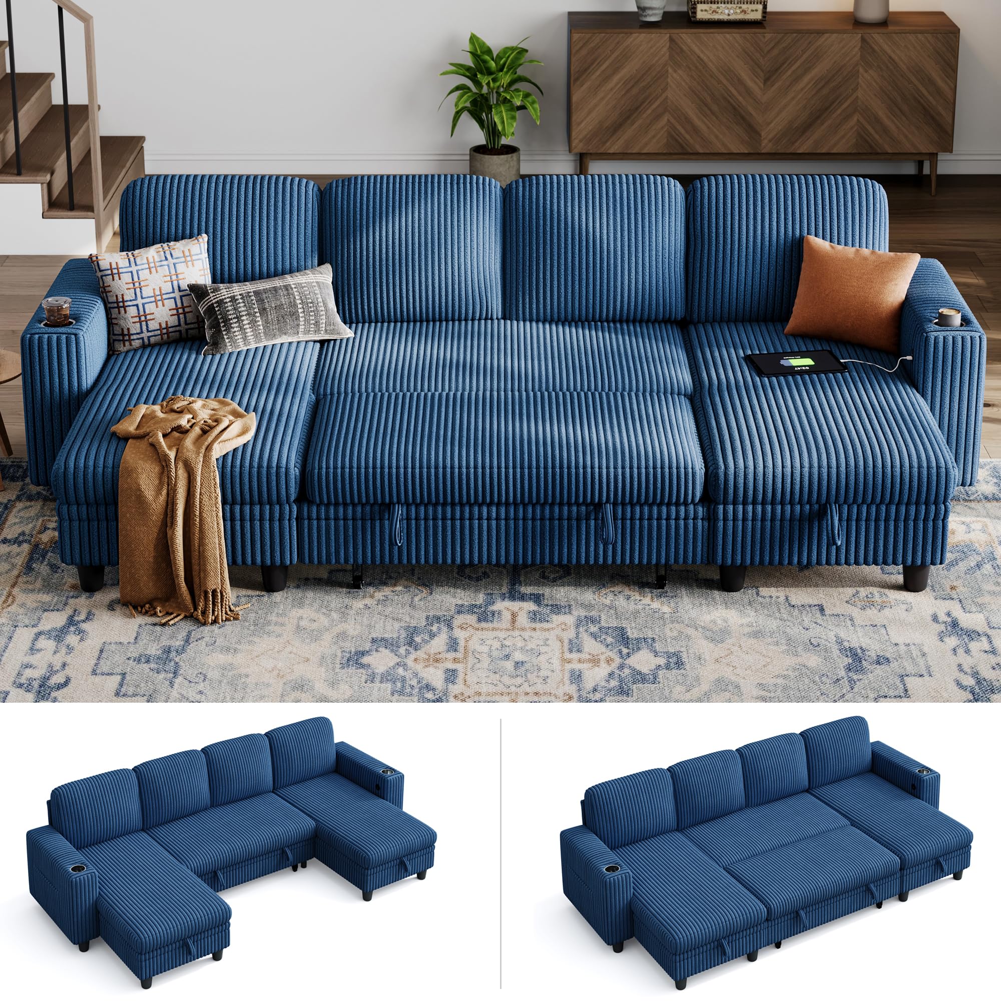 LINSY HOME Sectional Sleeper Sofa with Pull Out Couch Bed - Convertible Plush Corduroy Cloud Couch with Storage Chaise & USB Charging, Comfy Modular Couches for Living Room, Green