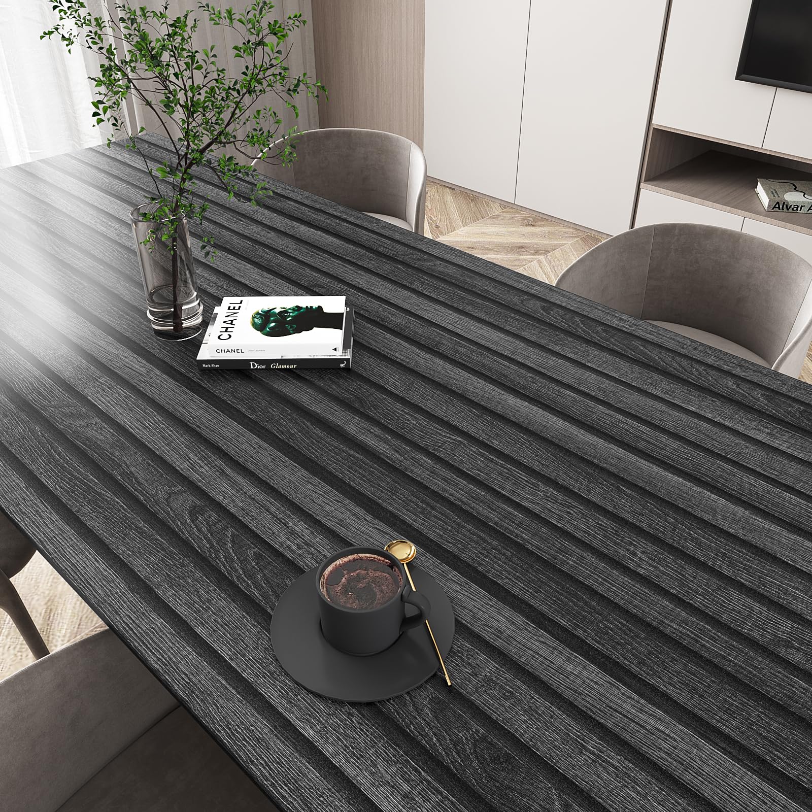 VEELIKE 木炭ブラック木製スラット壁紙 ピールアンドスティック 防水 ダークウッド 壁用コンタクトペーパー 15.7''x118'' 接着剤付き取り外し可能 フェイクウッドスラット壁パネル壁紙 寝室アクセントウォール用