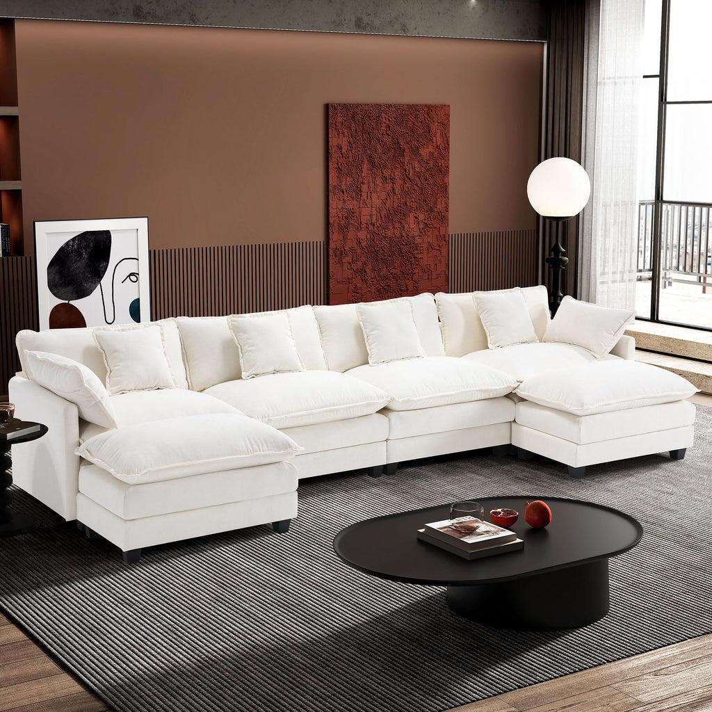 Ihanherry 146" U-Shaped Modern Sofa Modular Sectional Cloud Couch with 2 Ottoman, 6-Seat Chenille Deep Seat Sofa with 6 Pillows for Living Room, Bedroom and Apartment, Black