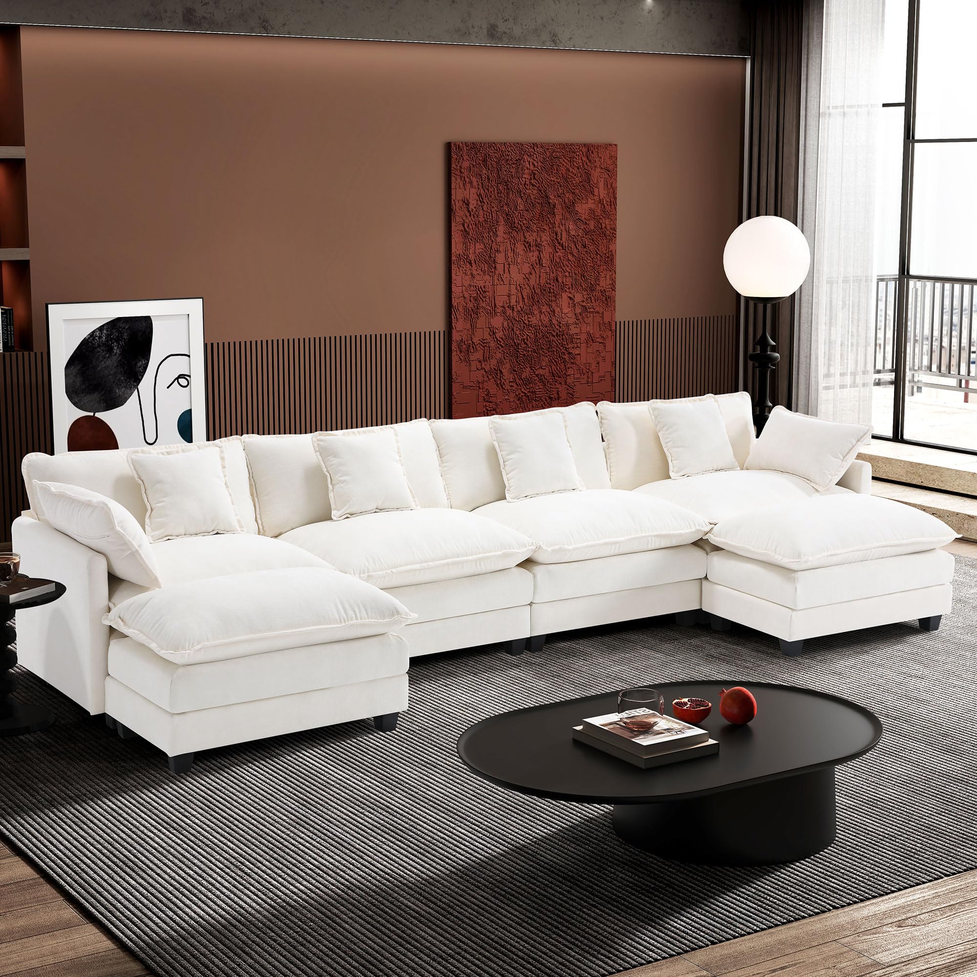 Ihanherry 146" U-Shaped Modern Sofa Modular Sectional Cloud Couch with 2 Ottoman, 6-Seat Chenille Deep Seat Sofa with 6 Pillows for Living Room, Bedroom and Apartment, Black