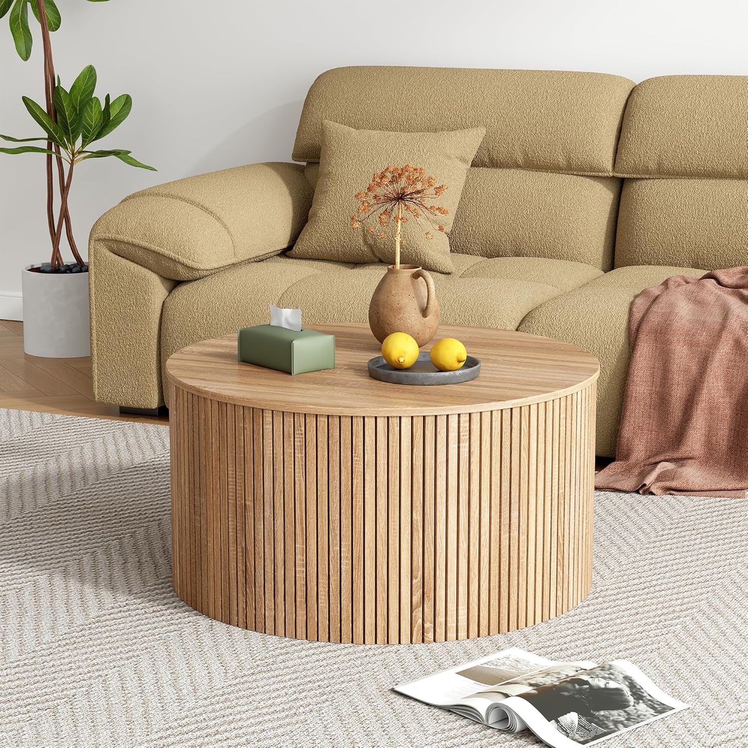 Round Fluted Lift Top Coffee Table, Mid Century Modern Center Table with Storage and Compartment, 2 Tier Small Circle Dining Table, for Living Room, Home Small Space, Natural