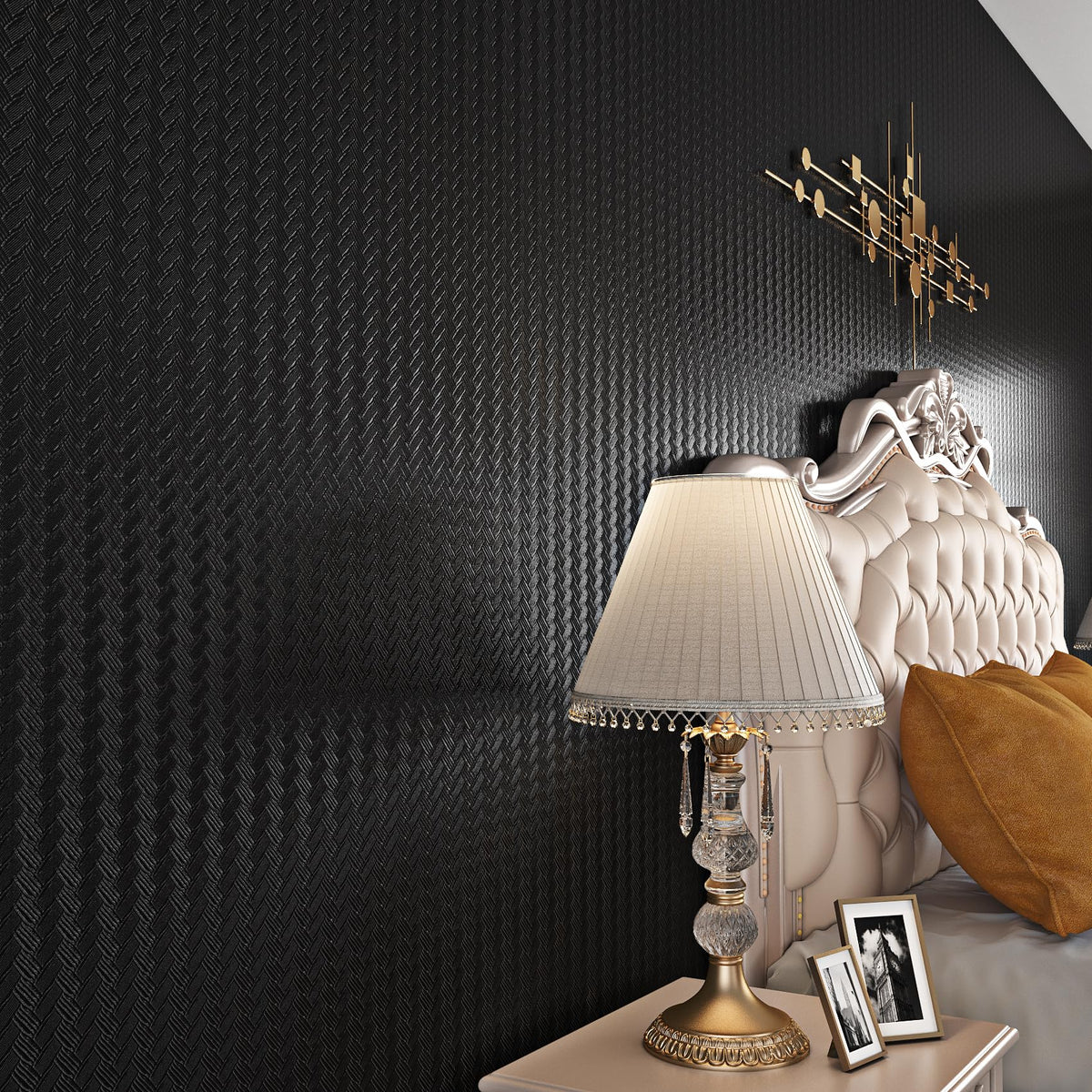 کاغذ دیواری حصیری بافت‌دار Livelynine مشکی قابل چسباندن و جدا کردن برای پوشش کابینت حمام و آشپزخانه، کاغذ تماس ضدآب مشکی برای کابینت‌ها 15.8x78.8 الگوی حصیری مات مدرن