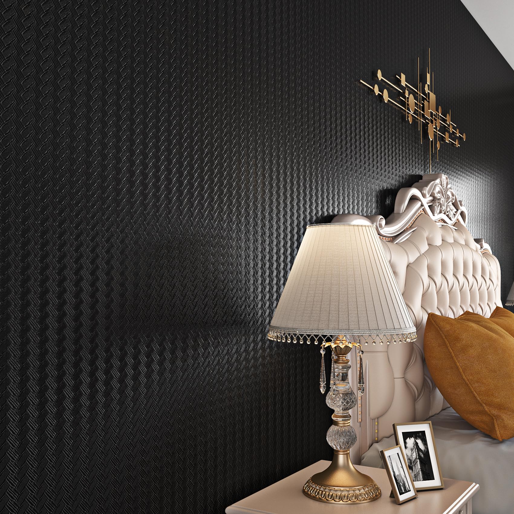 کاغذ دیواری حصیری بافت‌دار Livelynine مشکی قابل چسباندن و جدا کردن برای پوشش کابینت حمام و آشپزخانه، کاغذ تماس ضدآب مشکی برای کابینت‌ها 15.8x78.8 الگوی حصیری مات مدرن