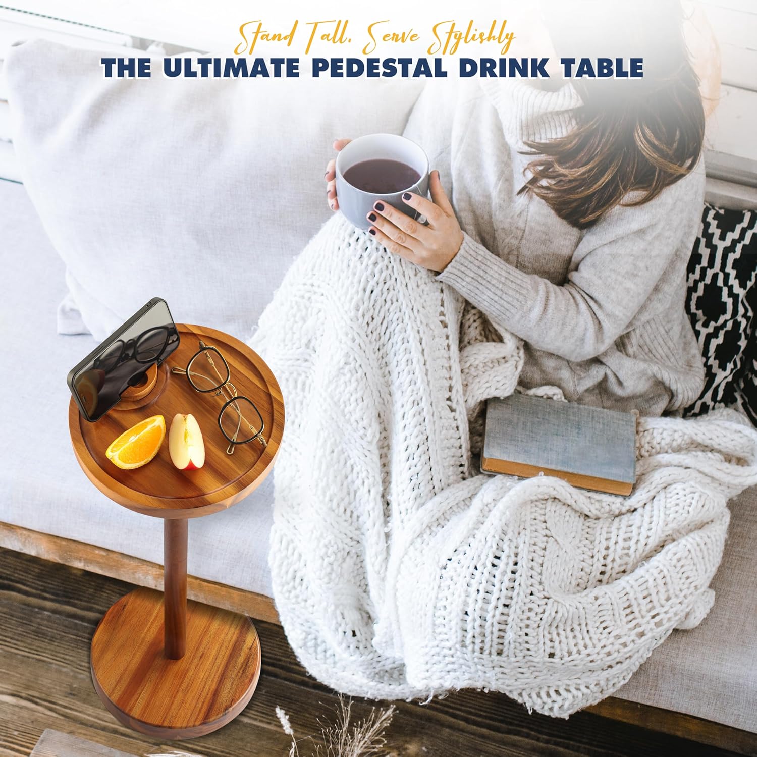 Pedestal Side Table, Acacia Drink Table with Weighted Base, Small Round Side Table for Small Spaces with 360 Rotating Phone Holder, Martini & Cocktail Pedestal End Table for Living Room, Home Office