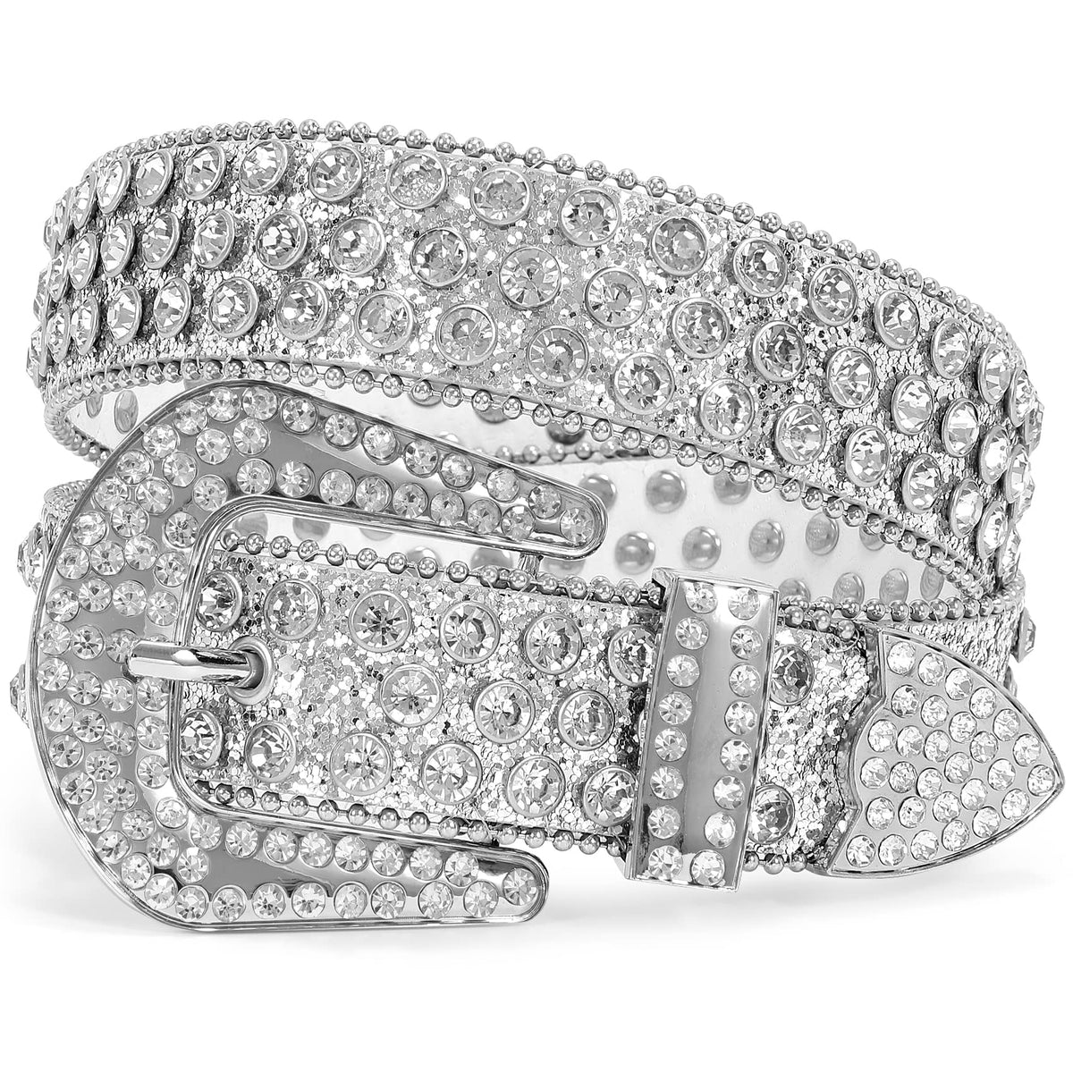 XZQTIVE Cowgirl Bling Studded Leather Belts for Jeans Pants with Rhinestone and Western Silver Buckle, Unisex(All Silver, Fit waist 30-32 inch)