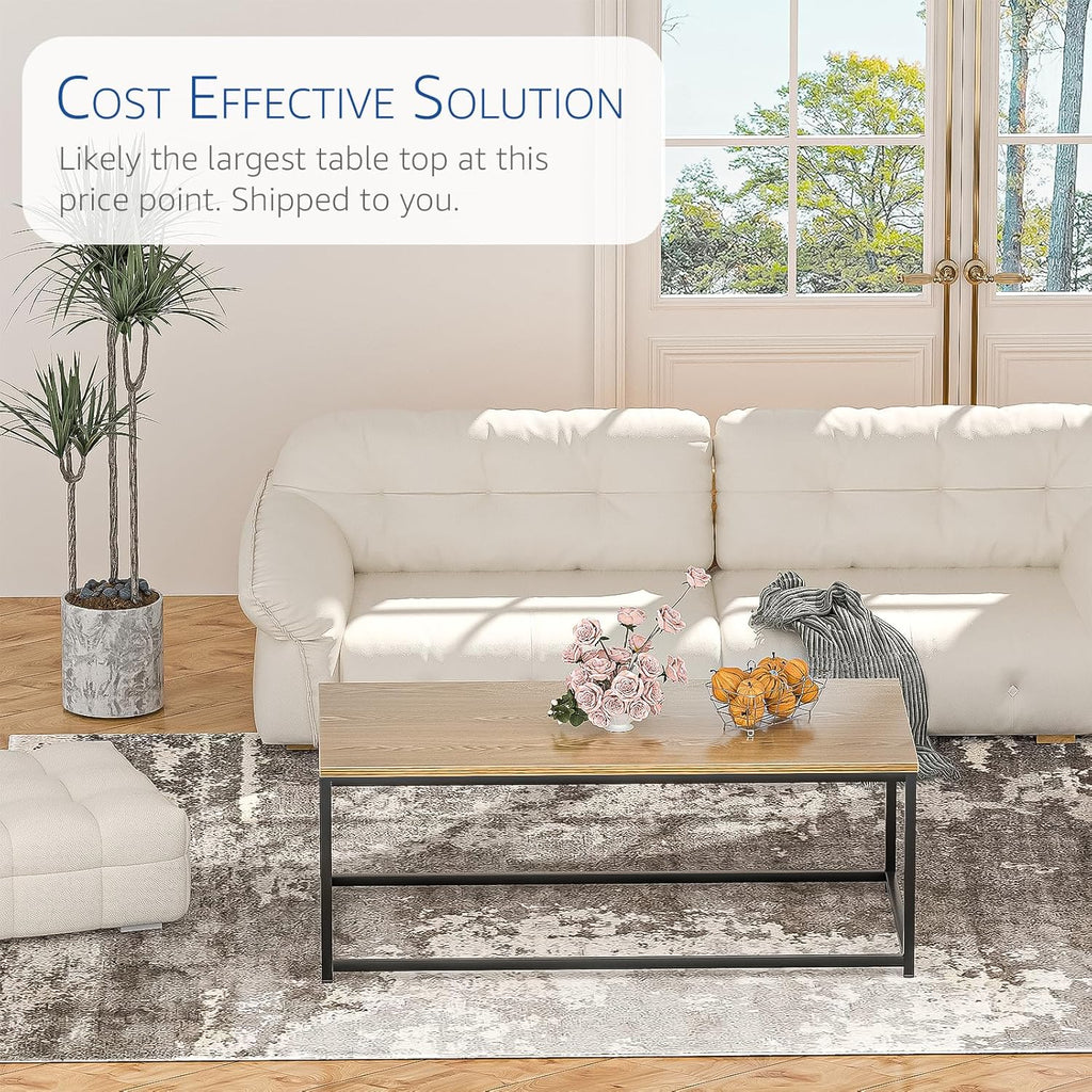 Modern Industrial Style Rectangular Coffee Table for Living Room, Bedroom - Rustic Accent Minimalistic Furniture with Wood Grain Top & Metal Frame - Center TV Table - Light Brown