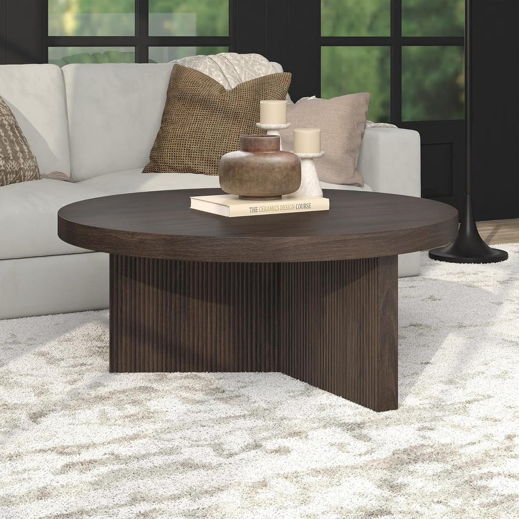 Henn&Hart 36" Fluted Round Wood Pedestal Low-Profile Coffee Table for Living Room, Family Room, or Office, Alder Brown