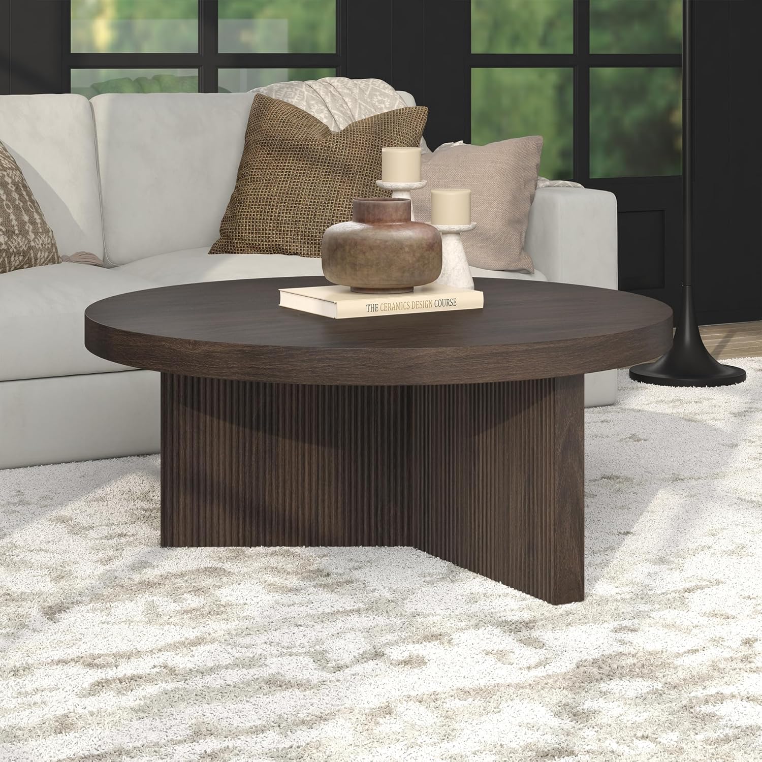 Henn&Hart 36" Fluted Round Wood Pedestal Low-Profile Coffee Table for Living Room, Family Room, or Office, Alder Brown