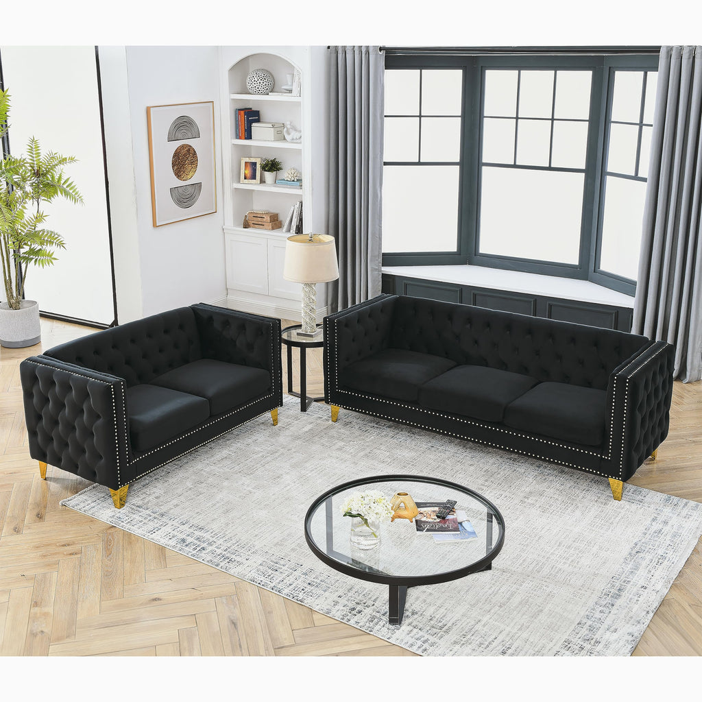 KEIKI Tufted Velvet 3+3 Seat Sofa Couch for Living Room, Buttons Tufted Square Arm Couch for Home Apartment, Gray