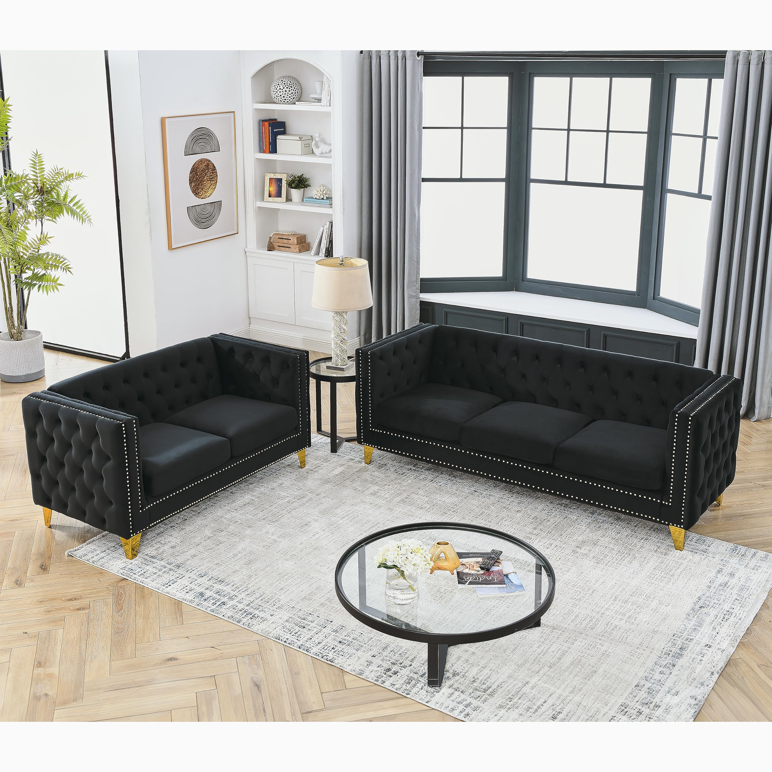 KEIKI Tufted Velvet 3+3 Seat Sofa Couch for Living Room, Buttons Tufted Square Arm Couch for Home Apartment, Gray