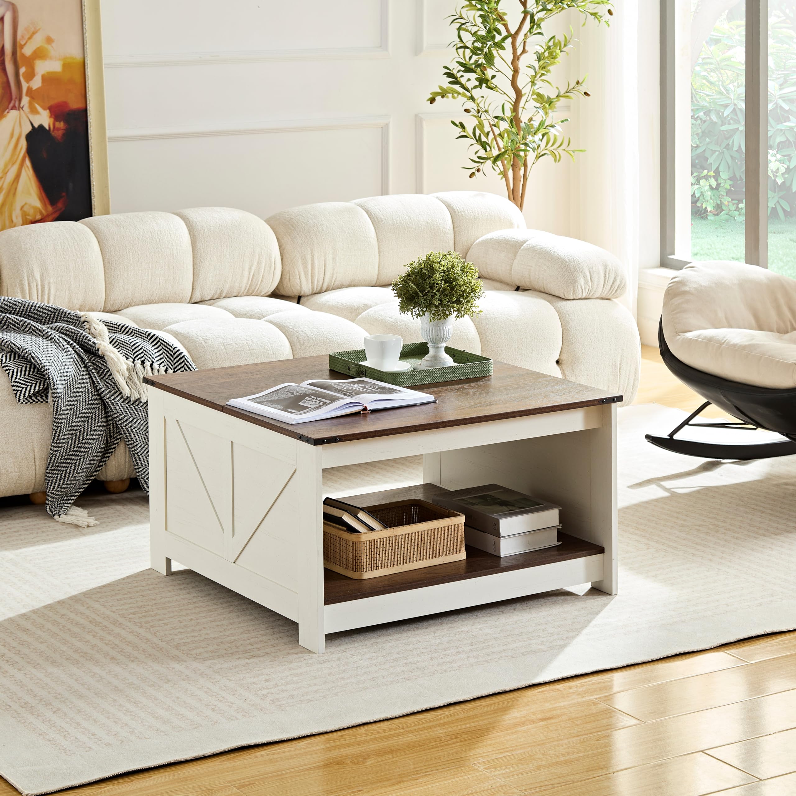 Farmhouse Coffee Table for Living Room, Wood Square Coffee Tables, 31.5" D x 31.5" W, Dark Rustic Oak