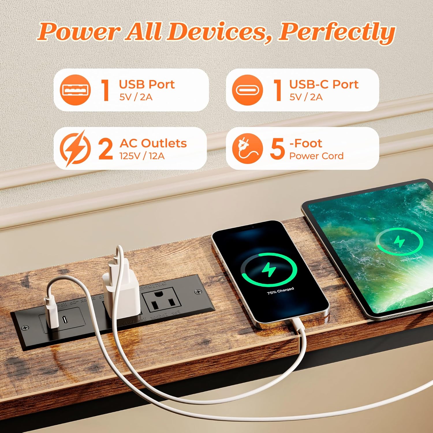 SUPERJARE 79 Inch Sofa Table with 2 Power Outlets and USB-C Ports, 5.9 Inch Narrow Console Table with Storage, Long Entryway Hallway Couch Table Behind Sofa, Small Spaces, Living Room, Rustic Brown