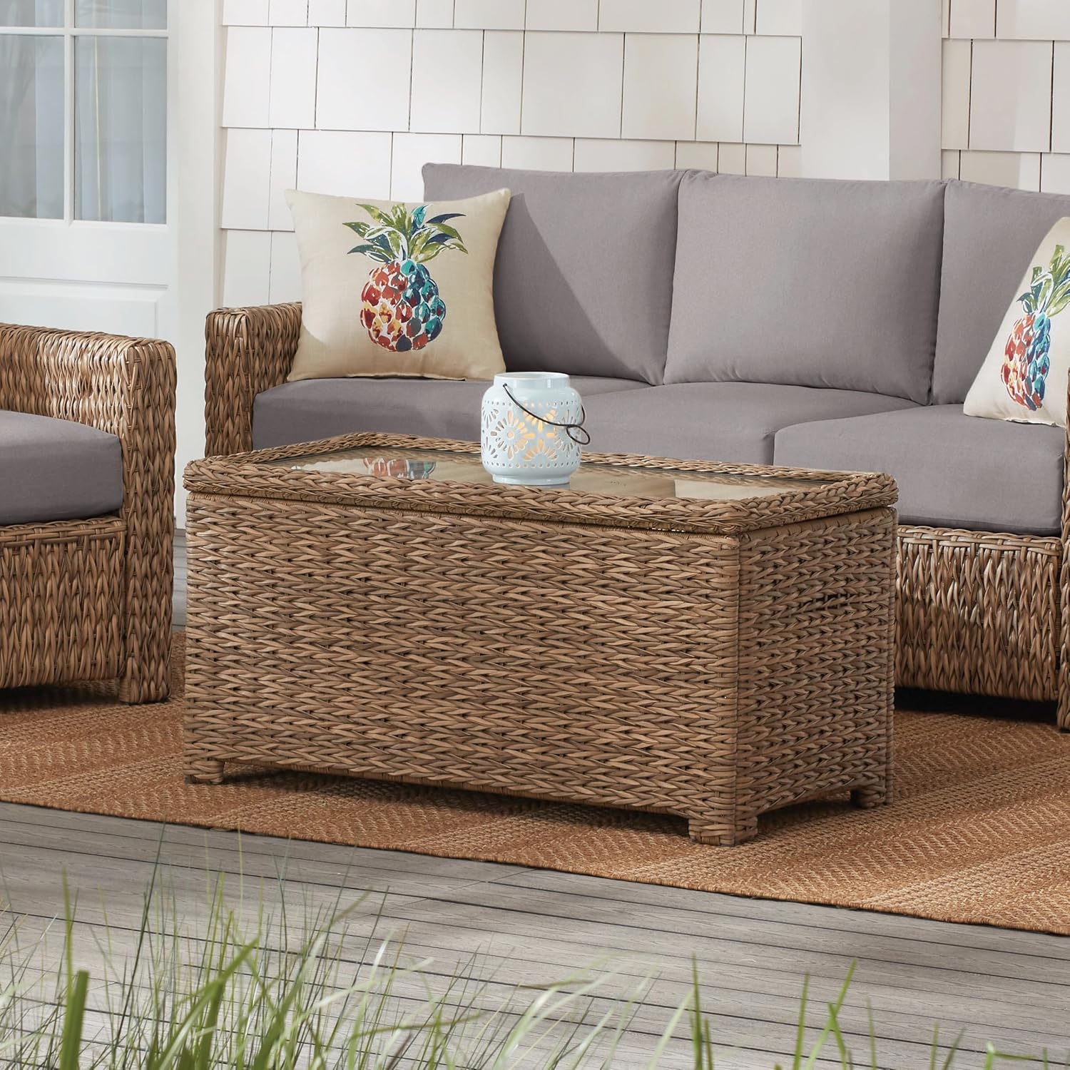 Classic Patio Coffee Table with Storage, Hand-Woven HDPE Rattan Wicker Outdoor Coffee Tables, Tempered Glass Flip-Top, Waterproof for Porch Backyard (40''Wx19''Dx22''H, Light Brown)