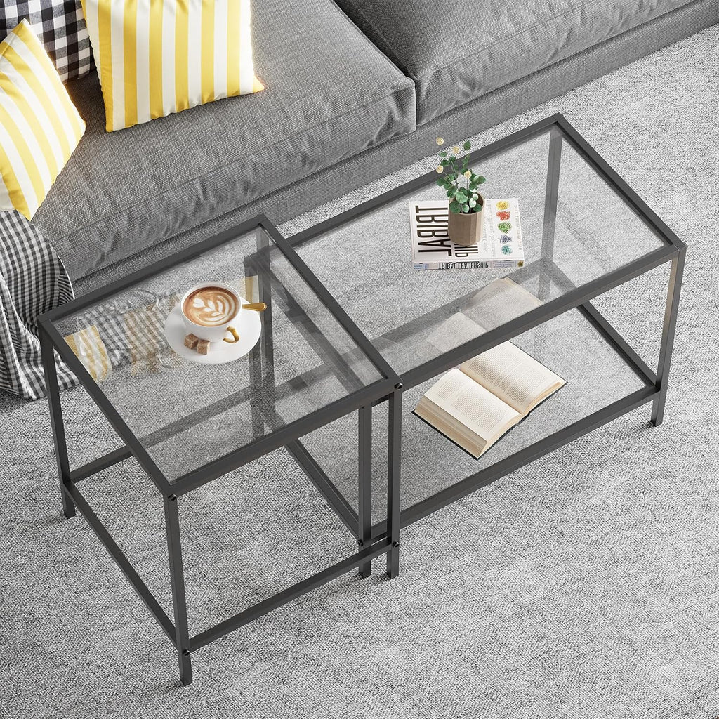 Nesting Coffee Table Set of 2,Glass Coffee Table Modern Center Living Room Table,Minimalist Nesting Table Set of 2 for Living Room,Tempered Glass-top with Sturdy Metal Frame, Easy Assembly,Black
