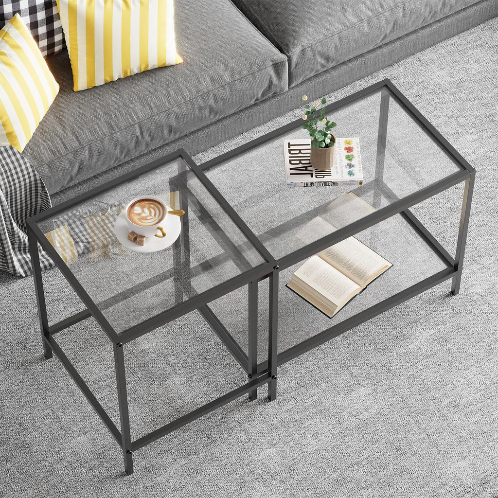 Glass Coffee Table Modern Center Living Room Table,Minimalist Nesting Table Set of 2 for Living Room,Tempered Glass-top with Sturdy Metal Frame, Easy Assembly,Gold