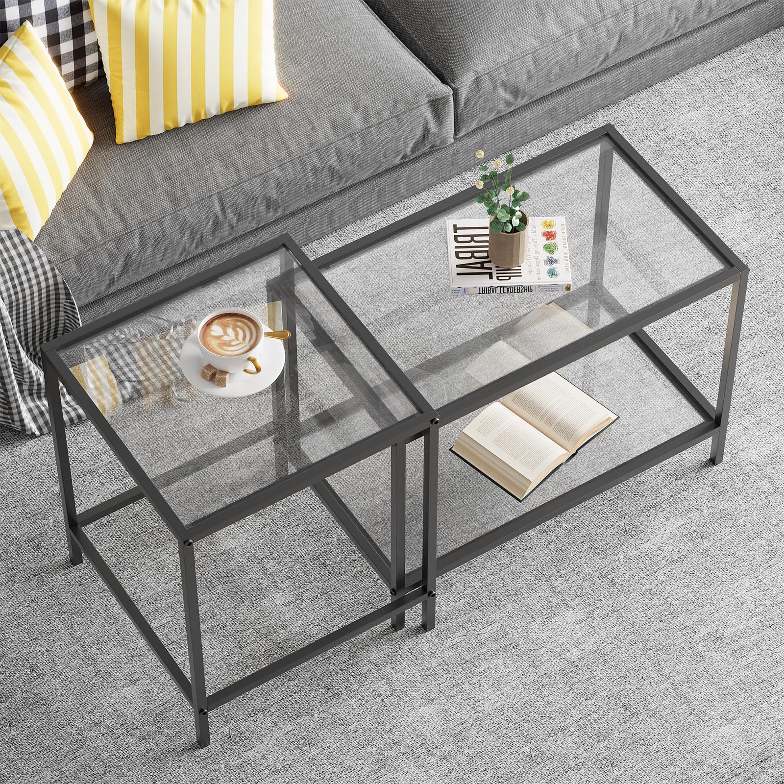 Glass Coffee Table Modern Center Living Room Table,Minimalist Nesting Table Set of 2 for Living Room,Tempered Glass-top with Sturdy Metal Frame, Easy Assembly,Gold