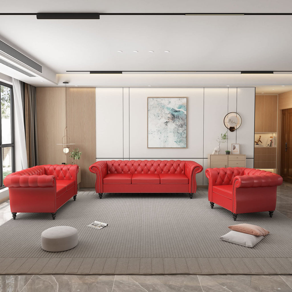 2 Piece Living Room Set, Chesterfield Leather Sofa Couch Chair with Scroll Arms and Nailhead for Living Room, Office (Dark Brown)