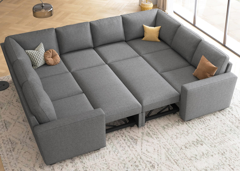 HONBAY Modular Sectional Sleeper Sofa with Pull Out Bed, L Shaped Couch with Storage Seat, Convertible Sectional Couches for Living Room, Beige