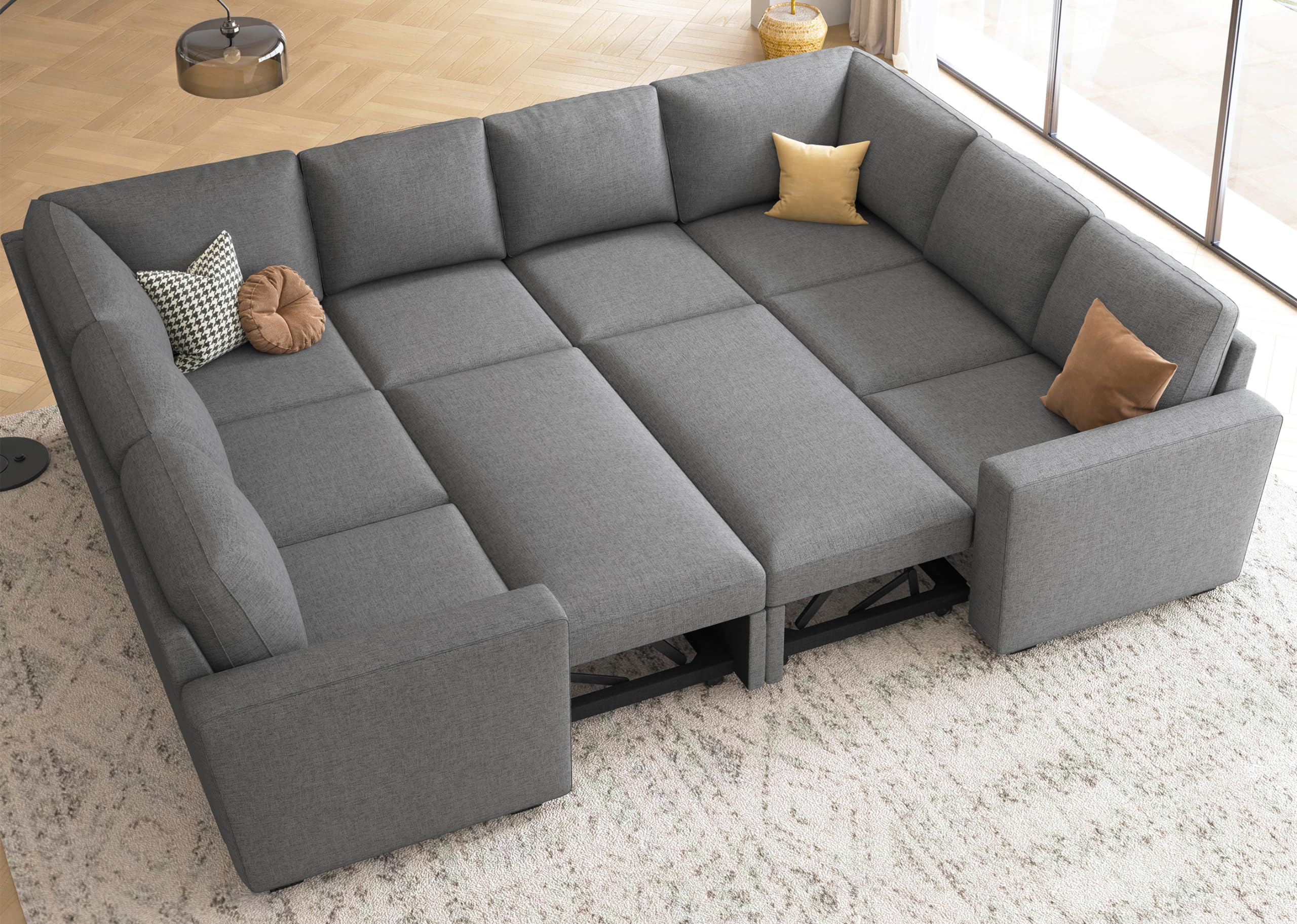 HONBAY Modular Sectional Sleeper Sofa with Pull Out Bed, L Shaped Couch with Storage Seat, Convertible Sectional Couches for Living Room, Beige