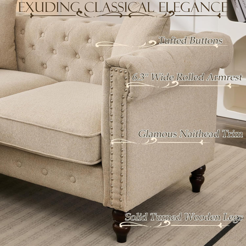 Mid-Century Modern Chesterfield Sofa with Ottoman, Linen Loveseat Classical Retro 2 Seater Couch Tufted Deep Seat Sofa Pet Friendly Sofa Victorian Couch for Living Room (Grey)