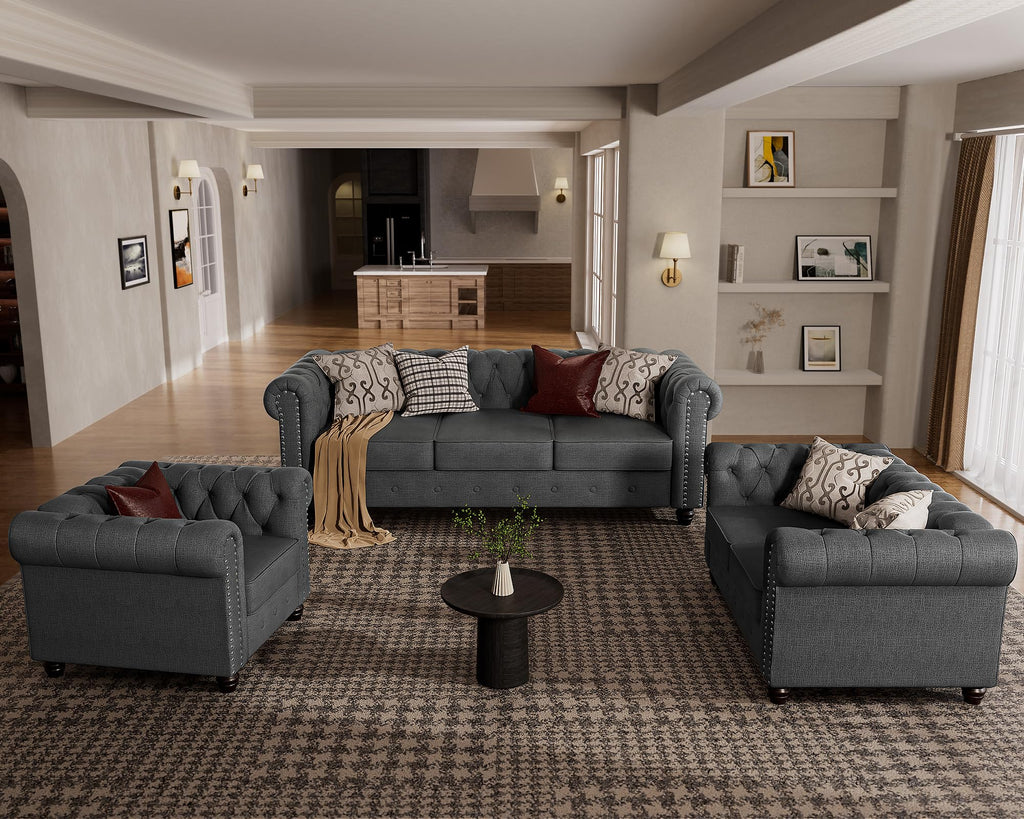 Morden Fort Classic Chesterfield Sofa Set 82'', Tufted Sofa Couch Set with Solid Wood Legs Thick Cushion, Pet-Friendly 3-Seater Sofas Couches for Living Room Bedroom Apartment - Linen Beige