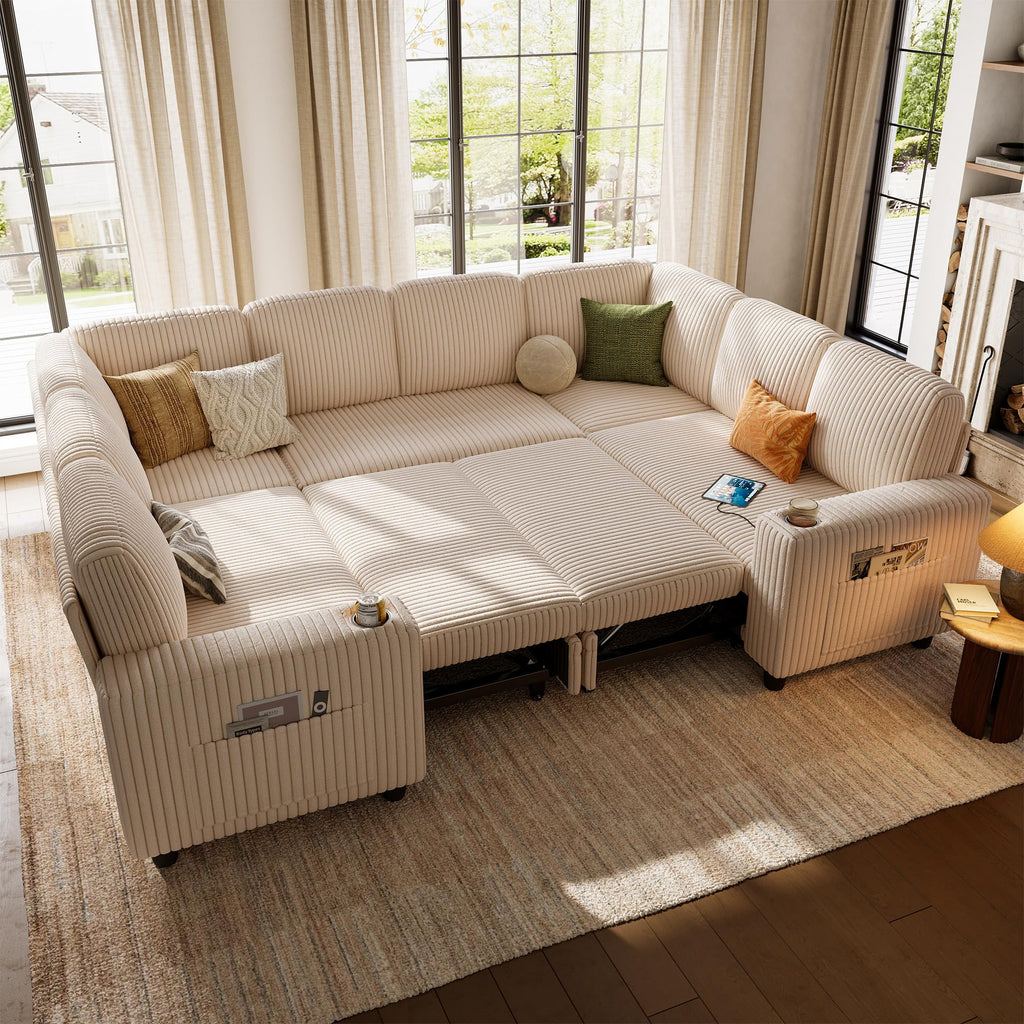 LINSY HOME Sectional Sleeper Sofa with Pull Out Couch Bed - Convertible Plush Corduroy Cloud Couch with Storage Chaise & USB Charging, Comfy Modular Couches for Living Room, Green