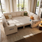 LINSY HOME Sectional Sleeper Sofa with Pull Out Couch Bed - Convertible Plush Corduroy Cloud Couch with Storage Chaise & USB Charging, Comfy Modular Couches for Living Room, Green