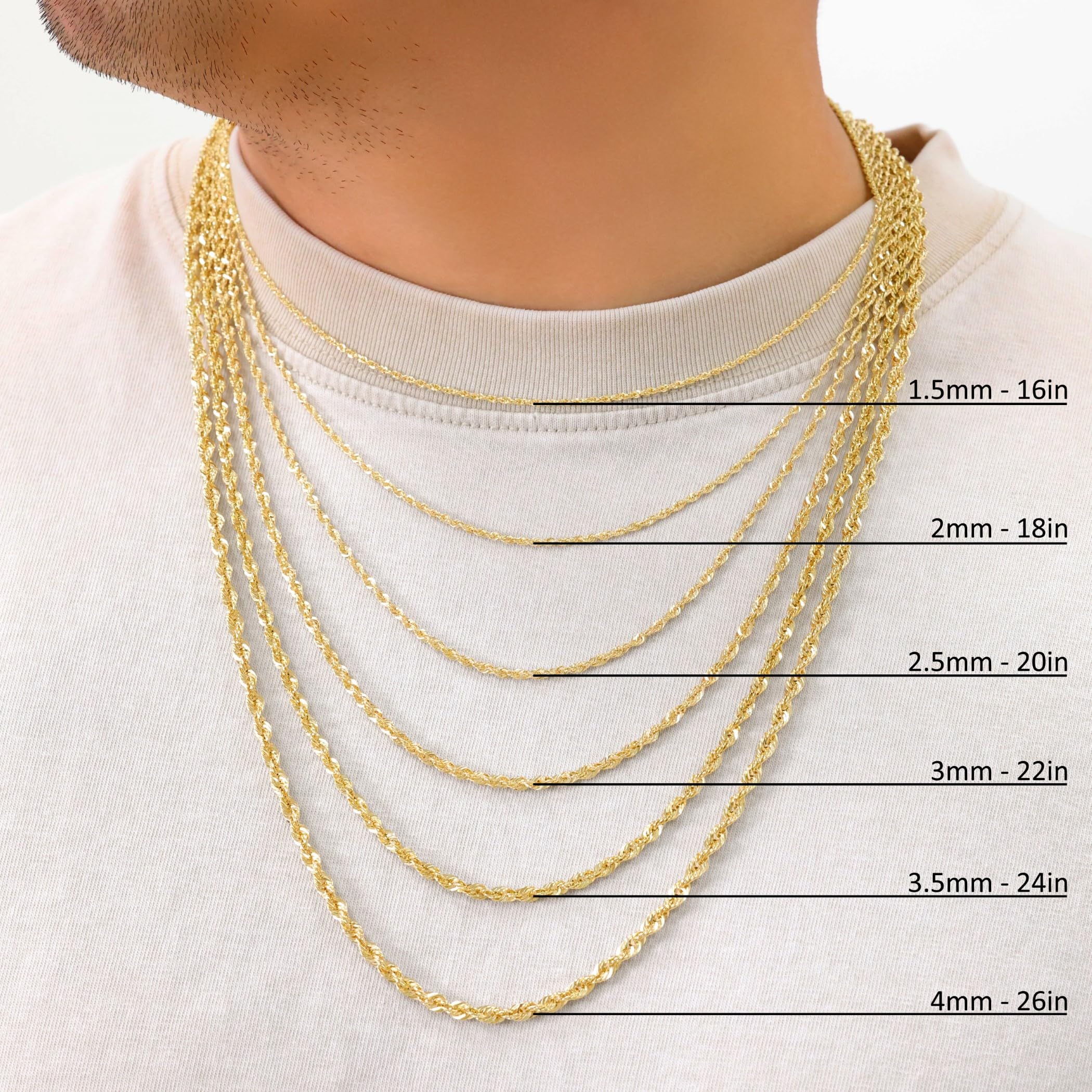 Nuragold 14K Real Yellow Gold Rope Diamond Cut Chain Lightweight Necklace 16"-30" (1.5mm-4mm) Italian Jewelry for Men & Women