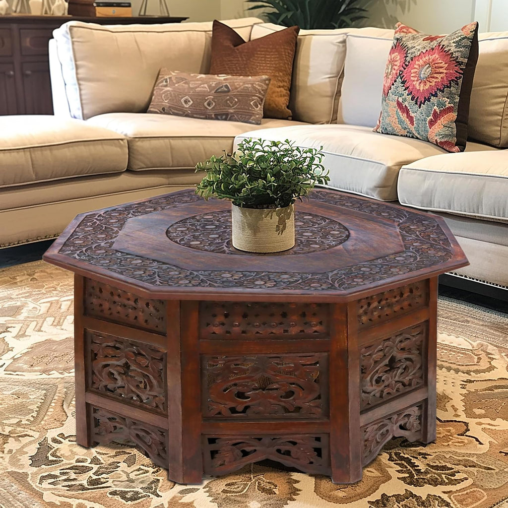 COTTON CRAFT Solid Wood Coffee Table - Hand Carved Vintage Boho Folding Side Table - Small Spaces Entryway Family Room Accent Table Living Room End Table - No Tools Assembly - Octagon 28 in x 18 in H