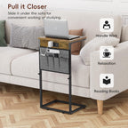 Vagusicc C Shaped End Table with Charging Station, 33" Tall Side Table for Couch, Sofa Table Adjustable Height Small Couch Side C Table, Slide Under Sofa Tray Arm Table for Living Room, Bedroom, Brown
