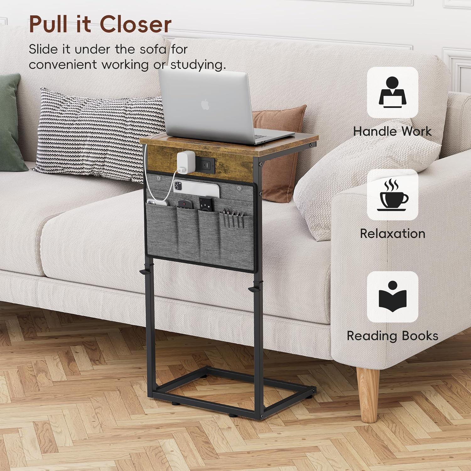 Vagusicc C Shaped End Table with Charging Station, 33" Tall Side Table for Couch, Sofa Table Adjustable Height Small Couch Side C Table, Slide Under Sofa Tray Arm Table for Living Room, Bedroom, Brown