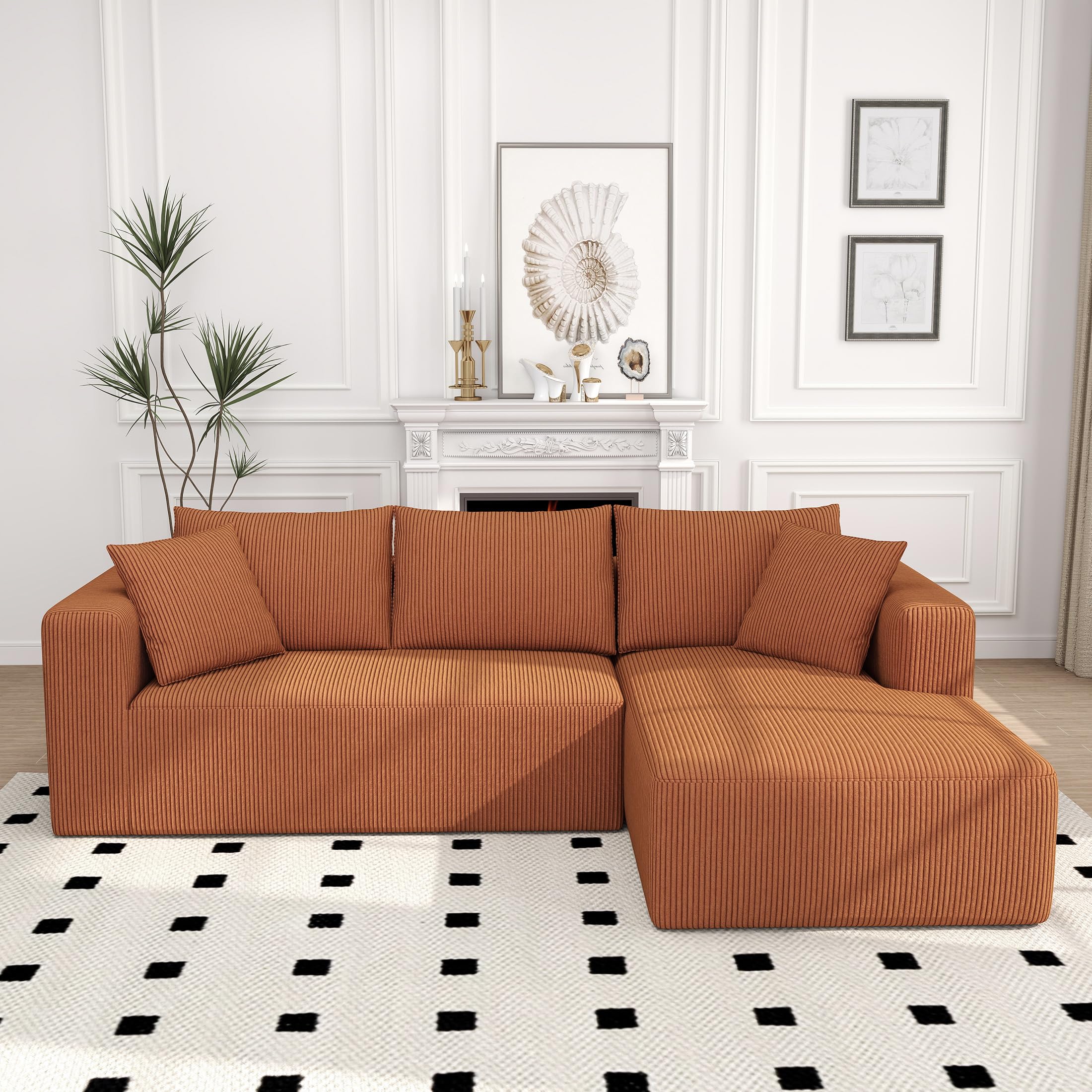 Sectional Couches for Living Room, 5 Seat Sofa Couch with Corduroy Fabric, L-Shaped Cloud Sofa Set with 5 Pillows, No Assembly High-Density Sponge Sofa for Apartment, Black