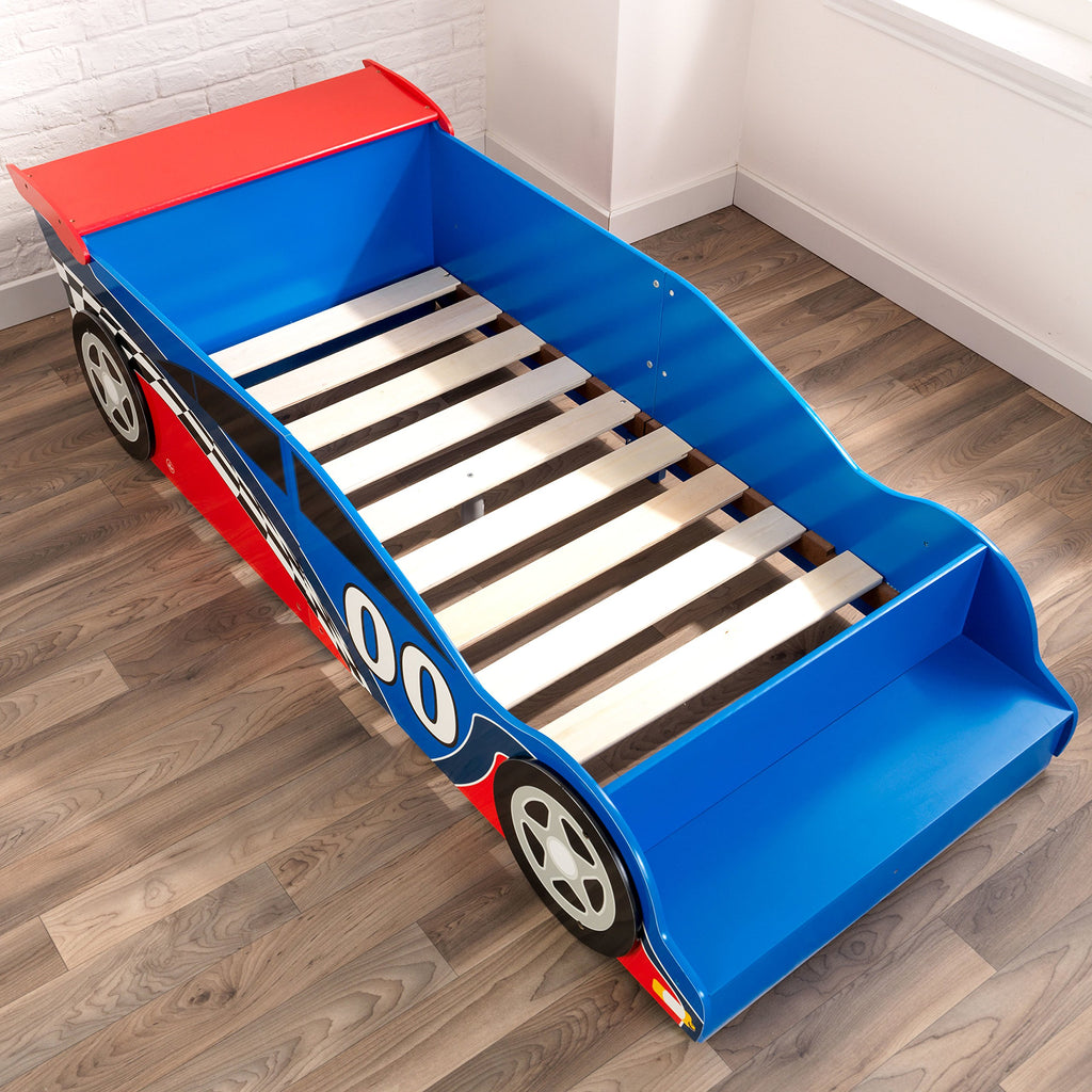 KidKraft Wooden Racecar Toddler Bed with Built-in Bench & Bed Rails - Red & Blue