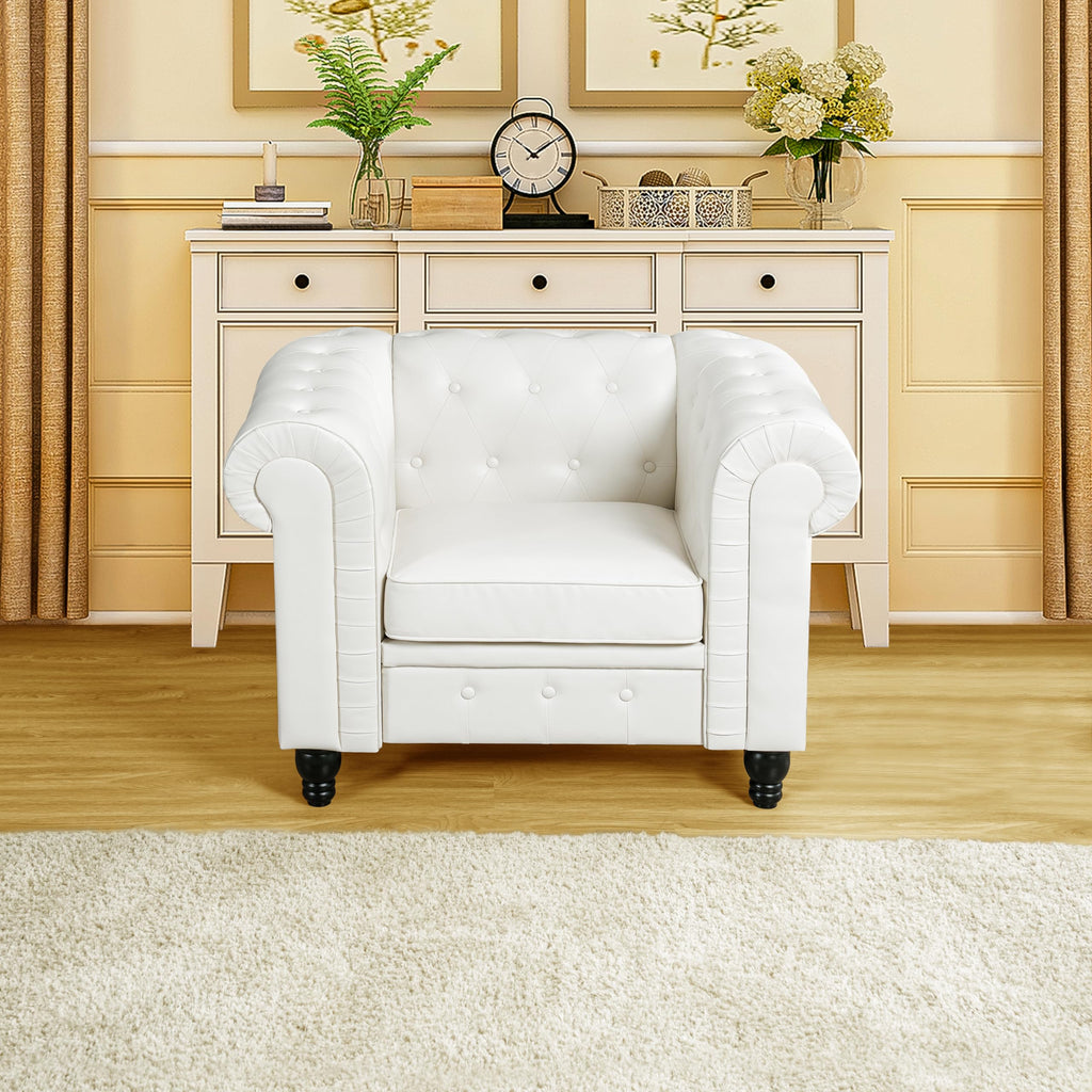 Naomi Home Emery Chesterfield Sofa with Rolled Arms, Tufted Cushions / 3 Seater Sectional Sofa Couch for Small Spaces, Living Room, Bedroom, Apartment Easy Tool-Free Assembly – Off White