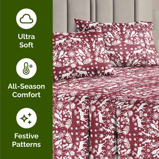 King Christmas Tree Sheet Set - Holiday Xmas Pattern Linen Set - Deep Pockets - Snug Fit - 4 Piece - Wrinkle Free - Comfy & Cooling Festive Winter Bedding - Easy To Care For - Kid Friendly