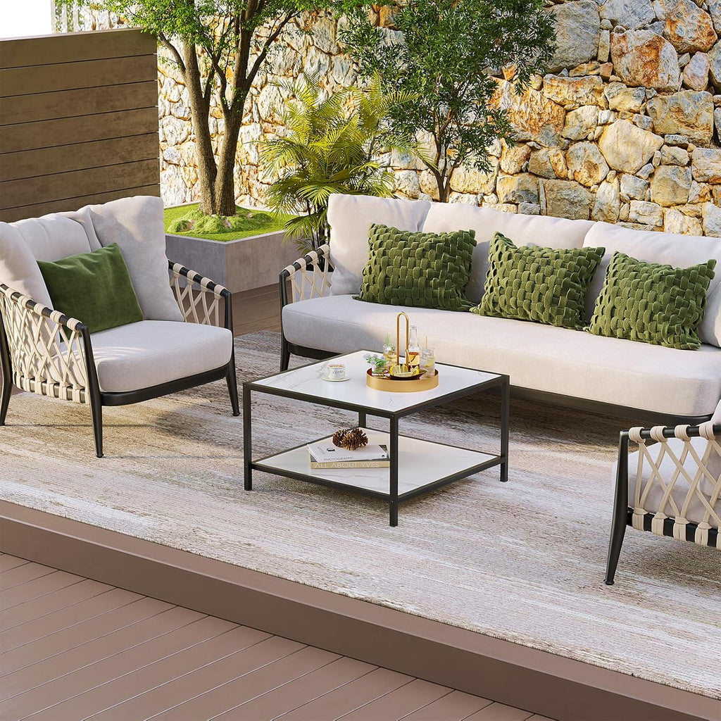 SAYGOER White Coffee Table with Storage 2 Tier Modern Suqare Coffee Tables for Living Room Small Faux Marble Center Table for Office Apartment Home, Easy Assembly