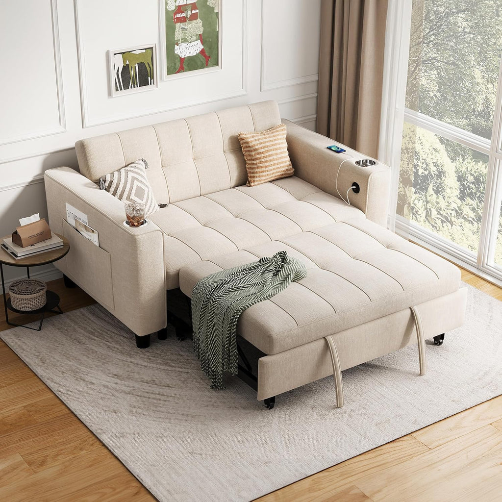 LINSY 3-in-1 Convertible Sofa Bed, Pull Out Sleeper Sofa with Charging Station & Cup Holder, Folding Loveseat with Side Pocket for Living Room, Apartment (Beige)