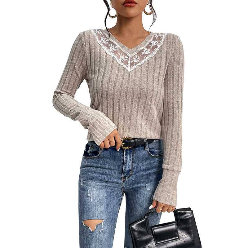 Women's Slim-fit T-shirt Lace V-neck Patchwork Texture Sunken Stripe Knitted Top