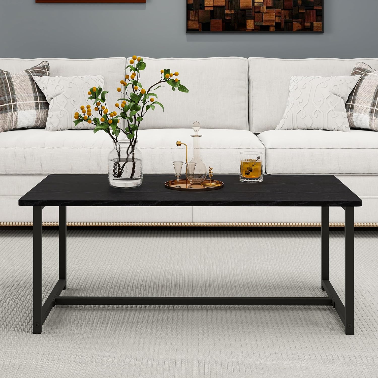 35.4" Rectangular Coffee Table for Living Room, Modern Industrial Style Coffee Table Center Table with Metal Frame for Small Space, Apartment, Office, Easy Assembly, Black