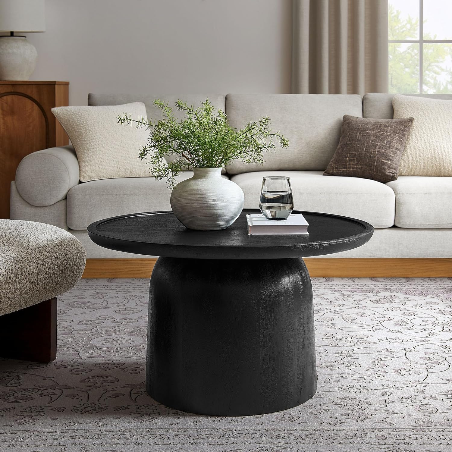 Modway Holloway 30 Inch Round Mango Wood Coffee Table in Black – Contemporary Circle Drum for Living Room – Mid-Century Modern Table with Solid Tabletop