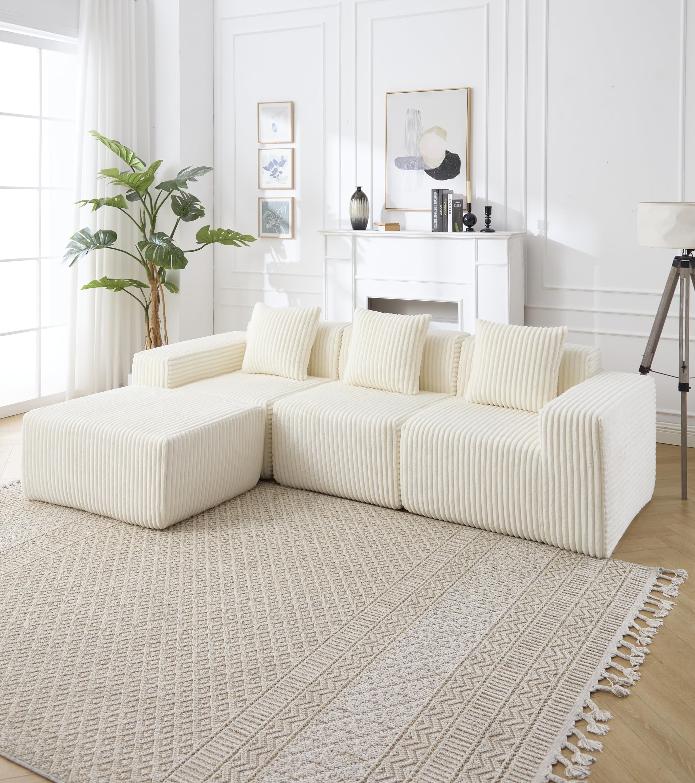 Ball & Cast 82" Velvet Corner Chesterfield Sofa, L-Shaped Sectional Couch with Nailhead Trim & 3 Cushions for Living Room, Bedroom, Apartment, Office,Beige