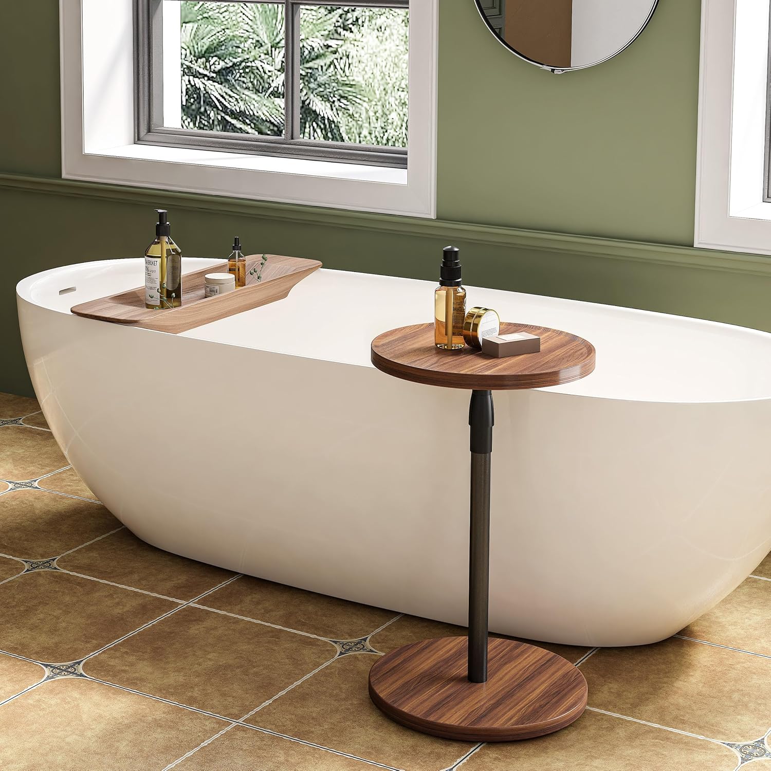 Adjustable End Table, Small Round Side Table, Drink Table for Small Spaces, Pedestal Nightstand for Living Room, Bedroom, Sofa Couch, Rustic Brown ET-010BR