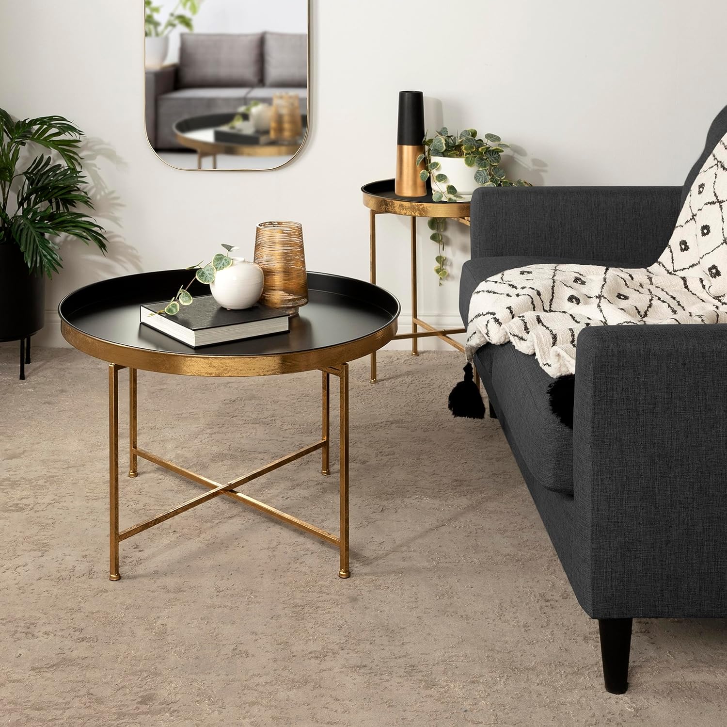 Kate and Laurel Celia Modern Round Coffee Table; 28 x 28 x 19; Black and Gold; Coffee Table for Living Room Decor; Storage; and Display