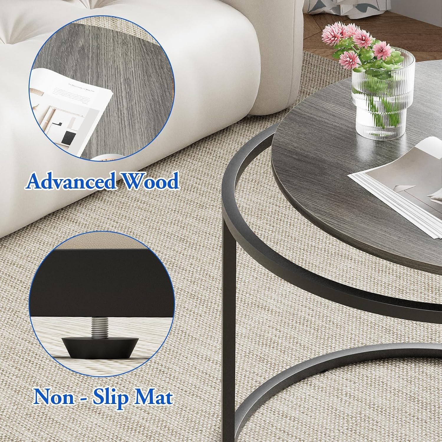 Garden 4 you Nesting Coffee Table, 23.6" Round Coffee Table Set of 2, Wooden Nesting Table Set with Metal Frame, Side Tables for Living Room Bedroom Balcony, Grey